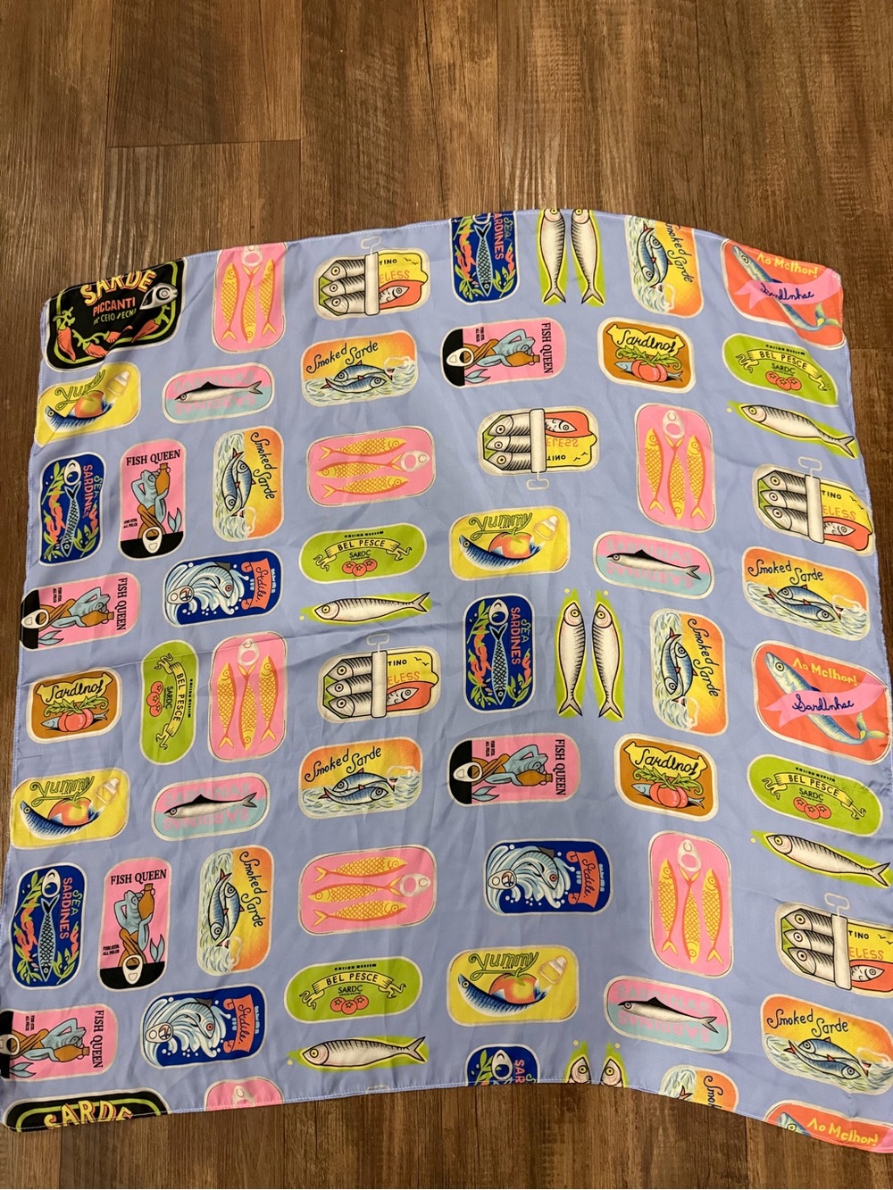 Silky Scarf with Colorful Tin Can Fish Motif
